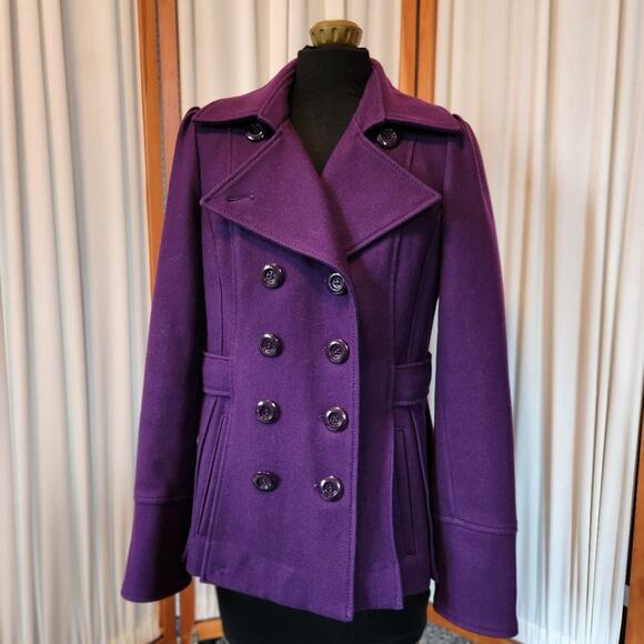 Guess Wool Blend Double Breasted Pea Coat Deep Purple Size Medium - Picture 3 of 16